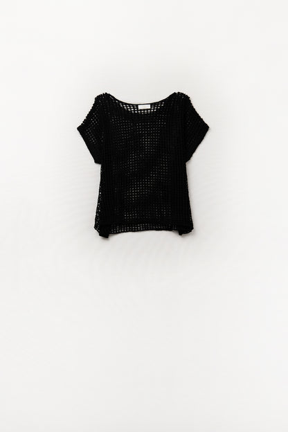 Open Knit Crochet dropped Sleeved Top in black