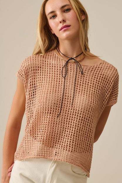 Q2 Open Knit Crochet dropped Sleeved Top in Camel