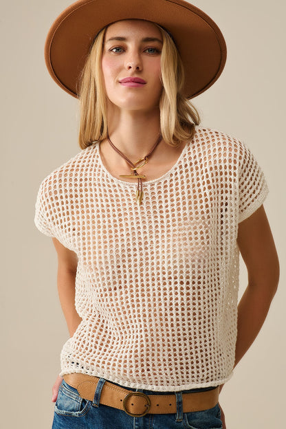 Q2 Open Knit Crochet dropped Sleeved Top in white