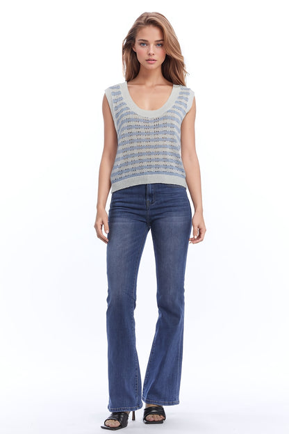 Open Knit Cropped Striped Sleeveless sweater in Blue and White