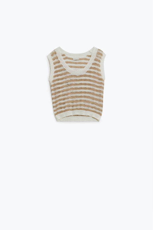 Q2 Open Knit Cropped Striped Sleeveless sweater in Brown and White