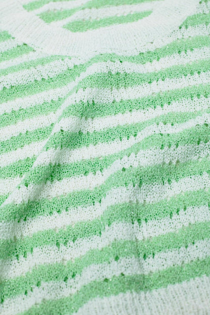 Open Knit Cropped Striped Sleeveless sweater in Green and White