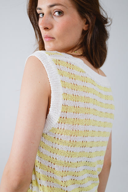 Open Knit Cropped Striped Sleeveless sweater in Yellow and White