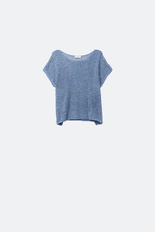 Q2 Open-knit dropped Short-sleeved Top in blue