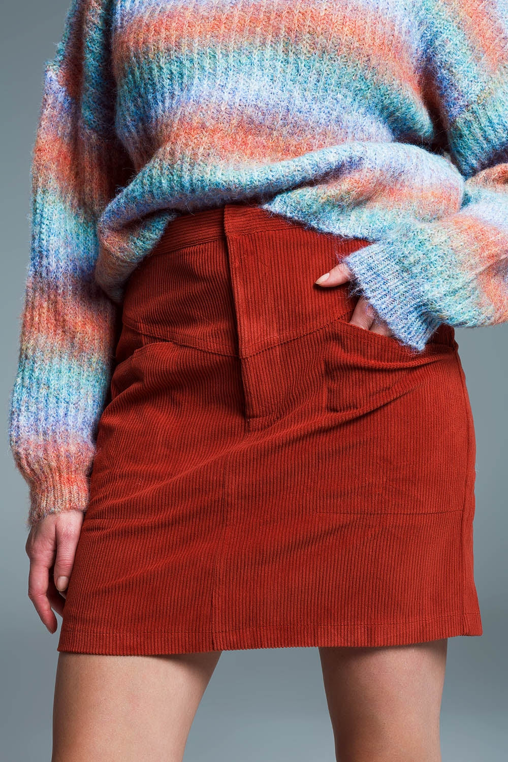 orange corduroy miniskirt with pockets
