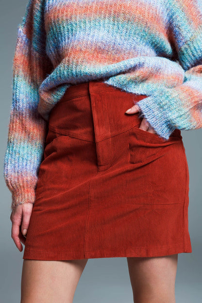 orange corduroy miniskirt with pockets
