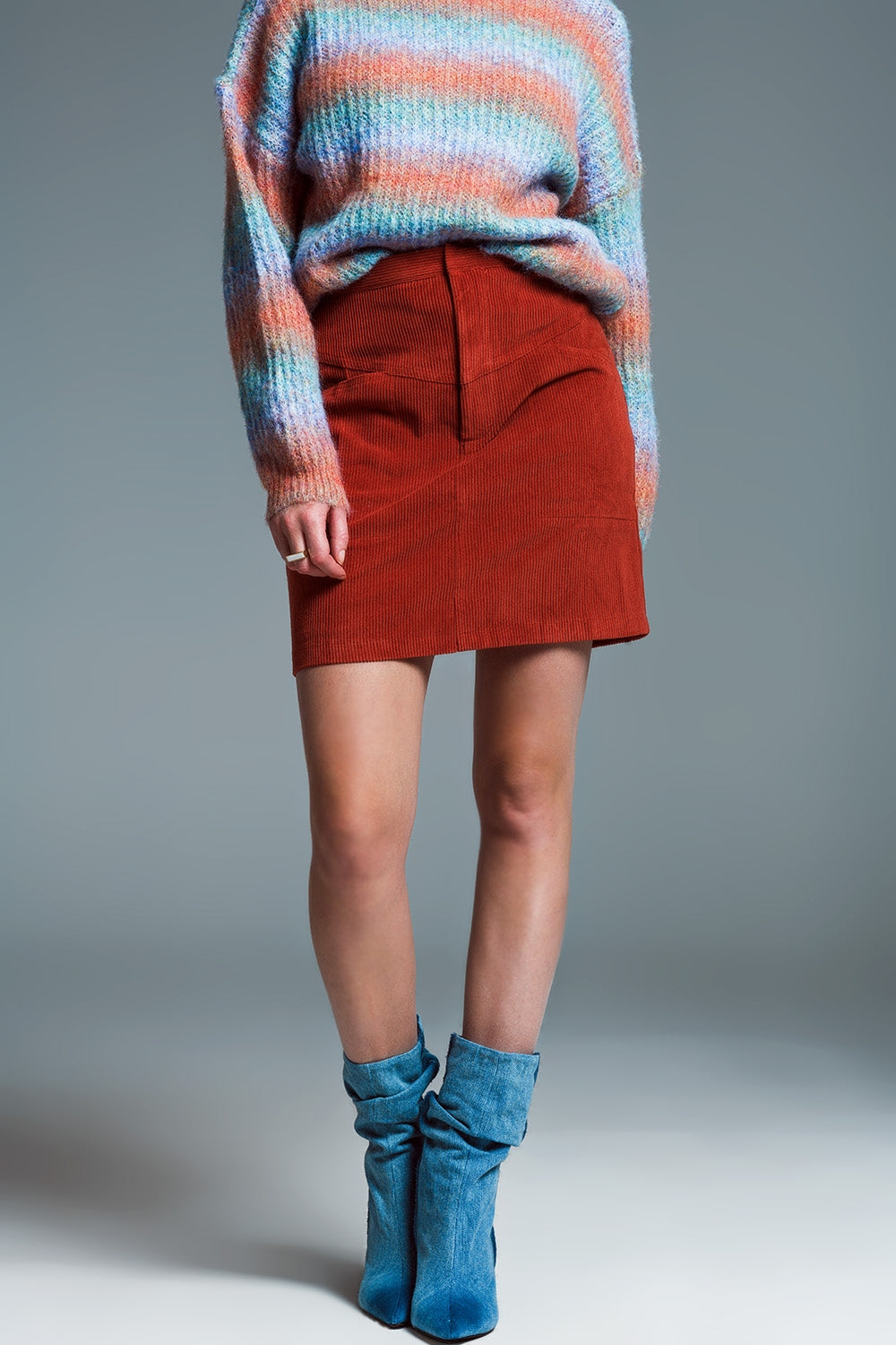 orange corduroy miniskirt with pockets