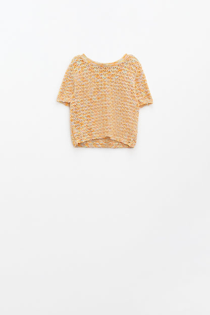 Q2 orange short sleeve crochet knit sweater
