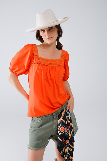 Orange Top With Square Neckline And Short Sleeves
