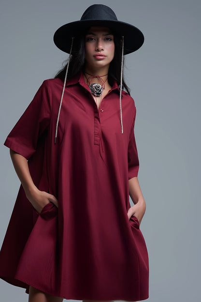 Oversized 3/4 Sleeve Poplin Dress Burgundy
