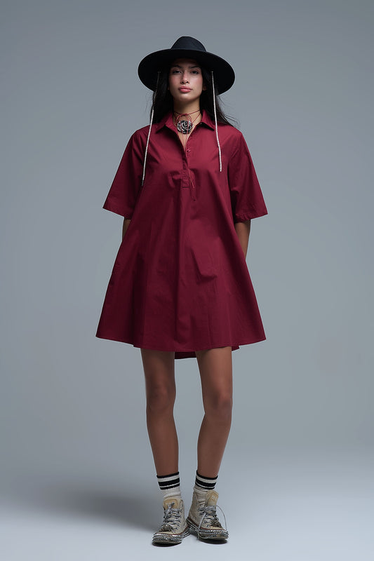 Q2 Oversized 3/4 Sleeve Poplin Dress Burgundy