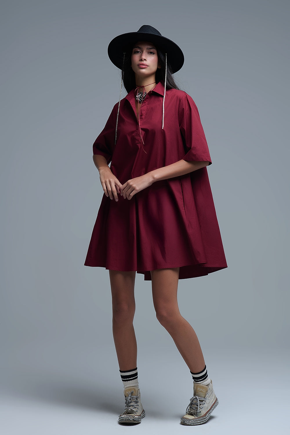 Oversized 3/4 Sleeve Poplin Dress Burgundy