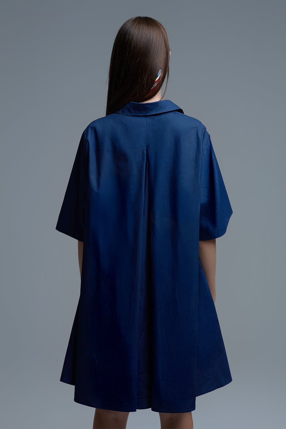 Oversized 3/4 Sleeve Poplin Dress in Navy