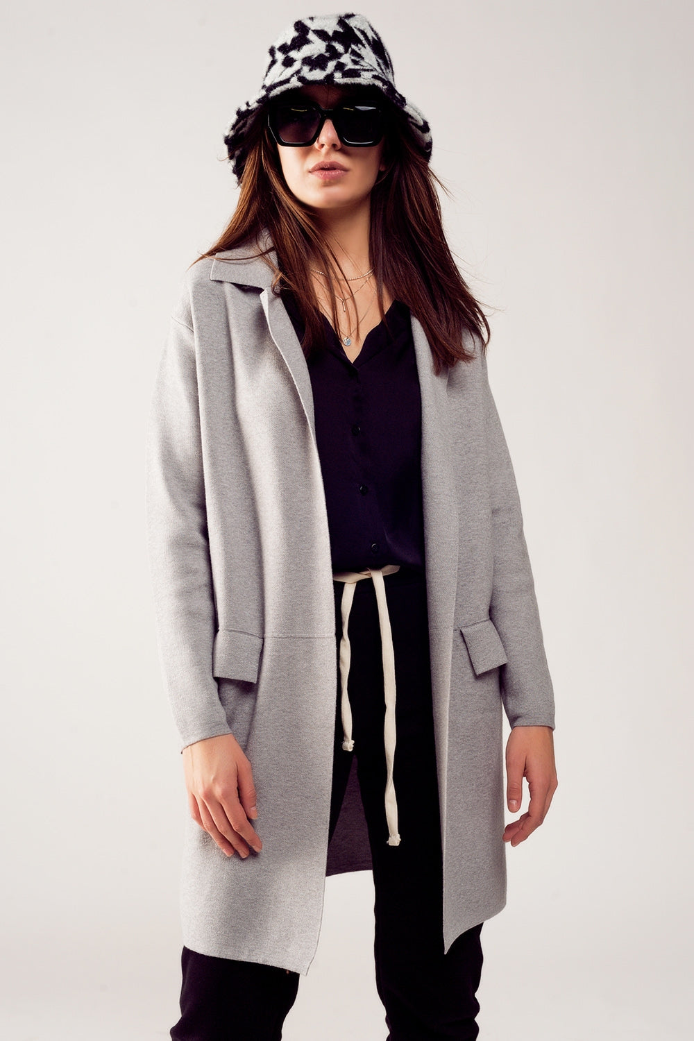 Oversized collar maxi cardigan in grey