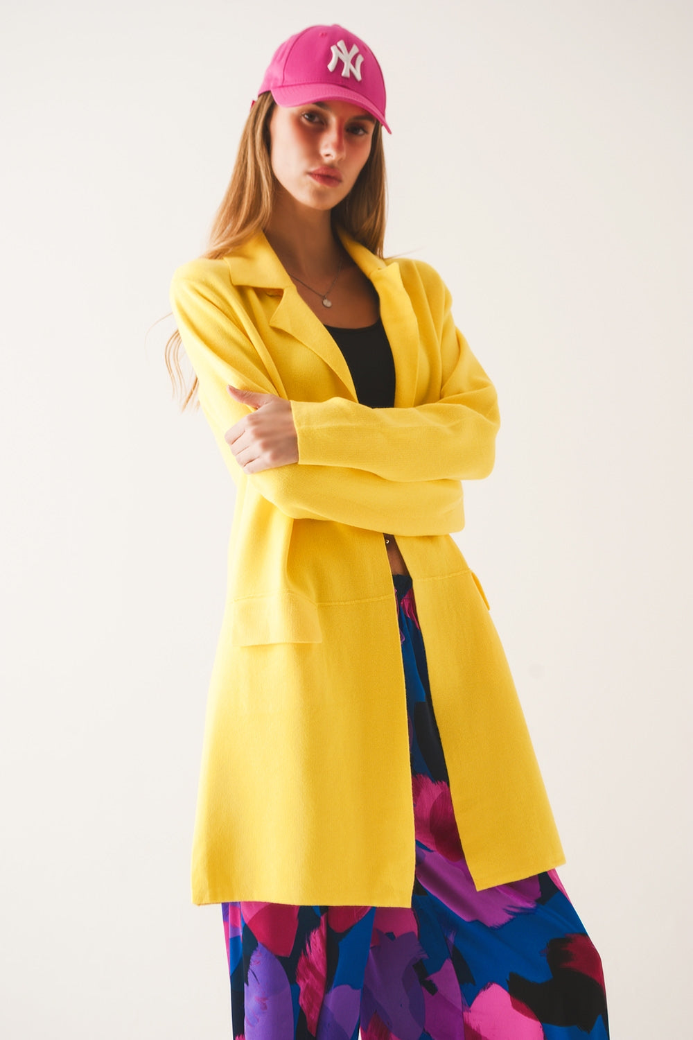 Oversized collar maxi cardigan in yellow