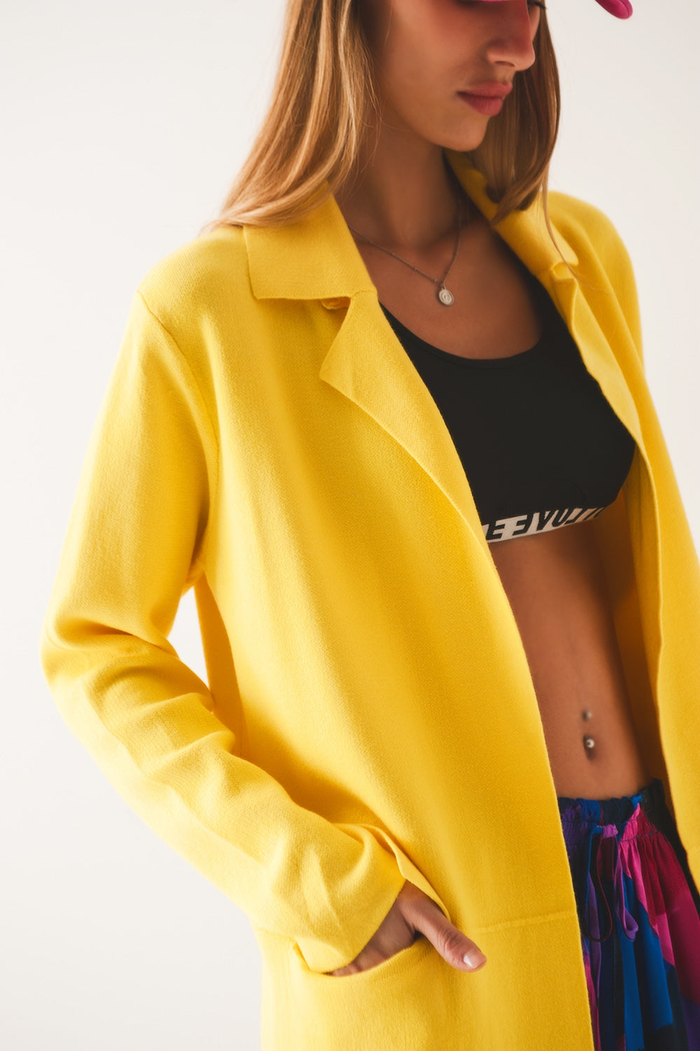 Oversized collar maxi cardigan in yellow