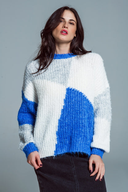 Oversized color block sweater in  Blue and white chunky rib