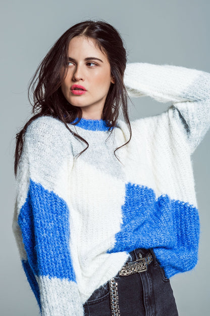 Oversized color block sweater in  Blue and white chunky rib
