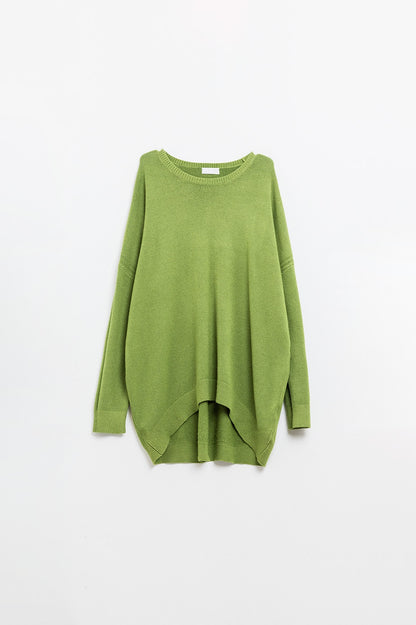Oversized Crew Neck Long Sleeve Sweater in Olive Green