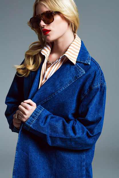 Oversized Denim Coat With Wide Collar in Mid Wash