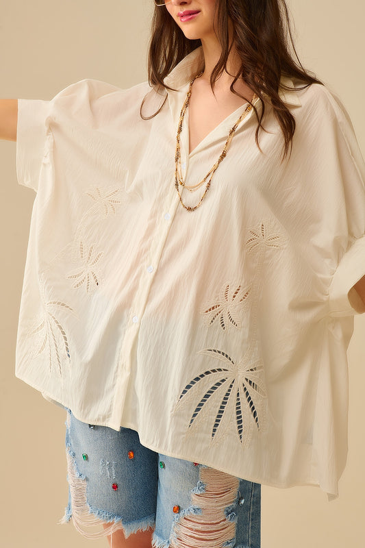 Q2 Oversized Embroidered Blouse with Palm Leaf Design
