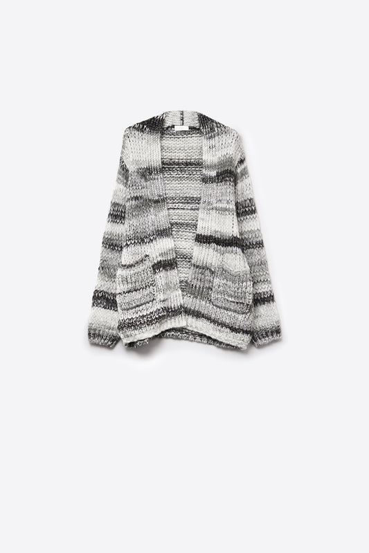 Q2 Oversized mottled striped long cardigan with pockets in Black