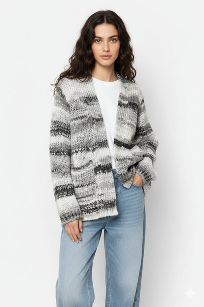 Oversized mottled striped long cardigan with pockets in Black