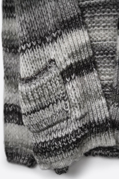 Oversized mottled striped long cardigan with pockets in Black