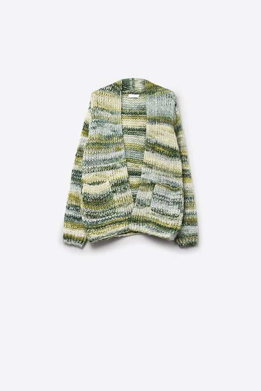Q2 Oversized mottled striped long cardigan with pockets in Green
