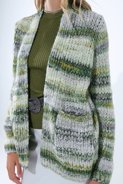 Oversized mottled striped long cardigan with pockets in Green
