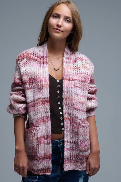 Oversized mottled striped long cardigan with pockets in Pink