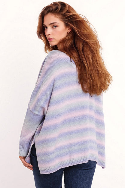 Oversized Multicolor in Shades of Purple High Neck Sweater With Side Slits