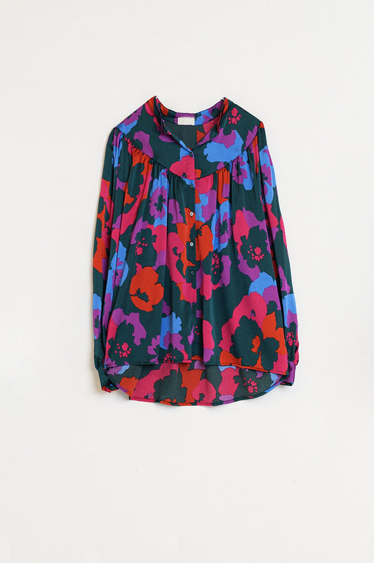 Q2 Oversized Over Shirt With Ruched Details In Colorful Floral Print