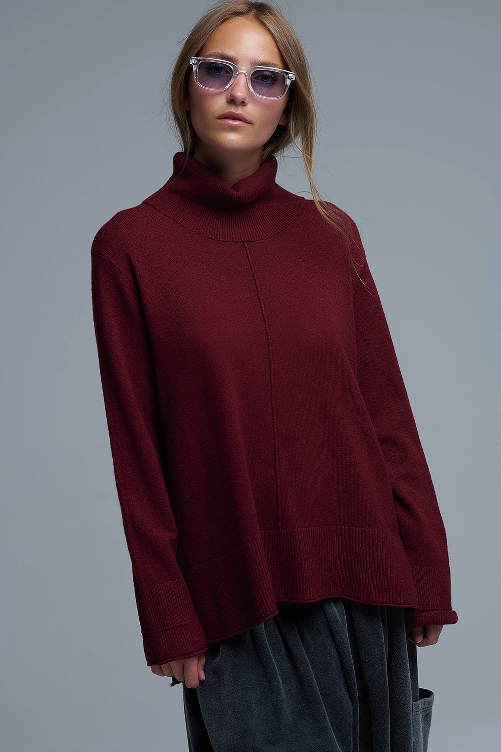 Oversized Roll Neck Sweater in Burgundy