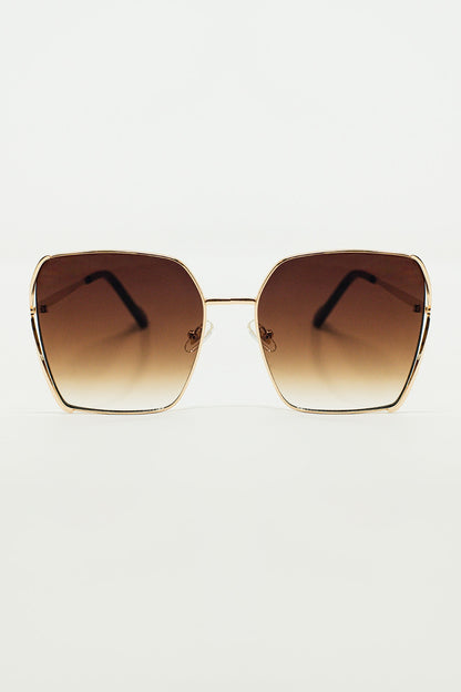 Q2 Oversized Square Metal Sunglasses In Brown Gradient Lens