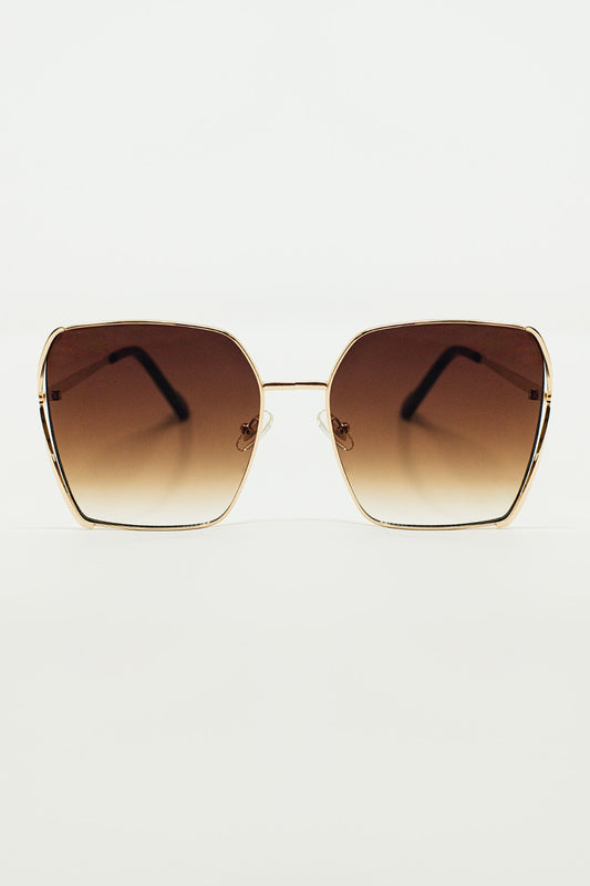Q2 Oversized Square Metal Sunglasses In Brown Gradient Lens