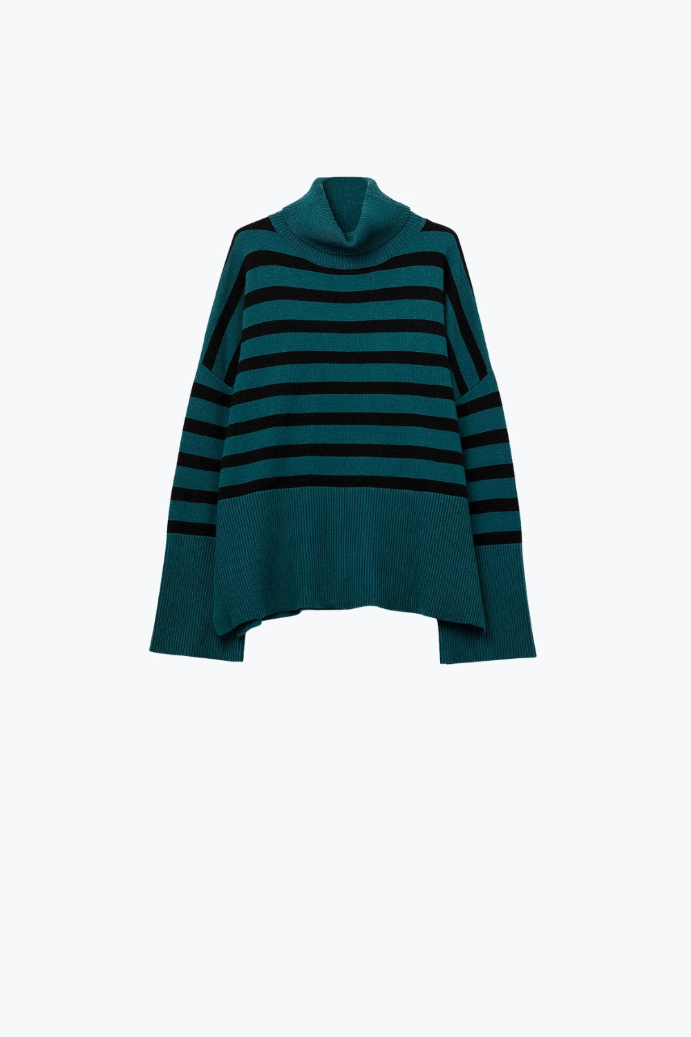 Q2 oversized turtleneck sweater with black stripes and splits on the side