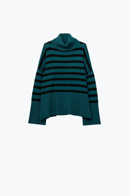 Q2 oversized turtleneck sweater with black stripes and splits on the side