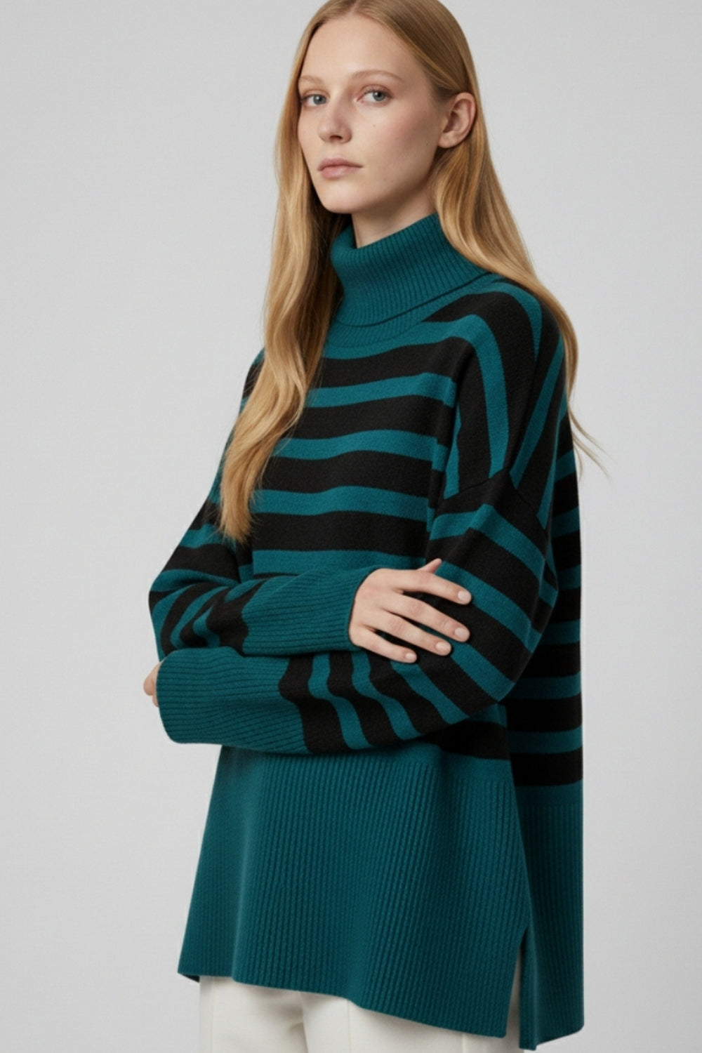 oversized turtleneck sweater with black stripes and splits on the side