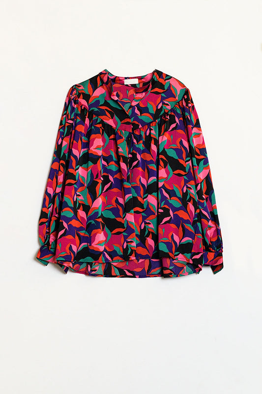 Q2 Oversized Voluminous shirt in colorful abstract leaf print