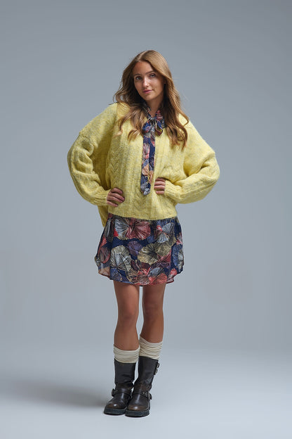 Crew Neck thin cable knit sweater in yellow