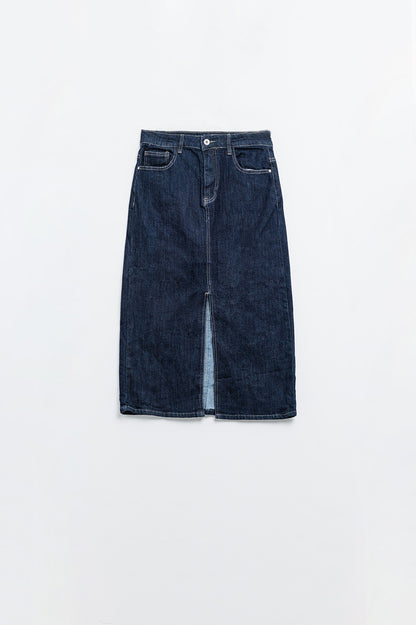 pencil denim skirt in dark wash