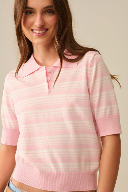 Q2 Pink and White Striped Sweater With Polo Neck