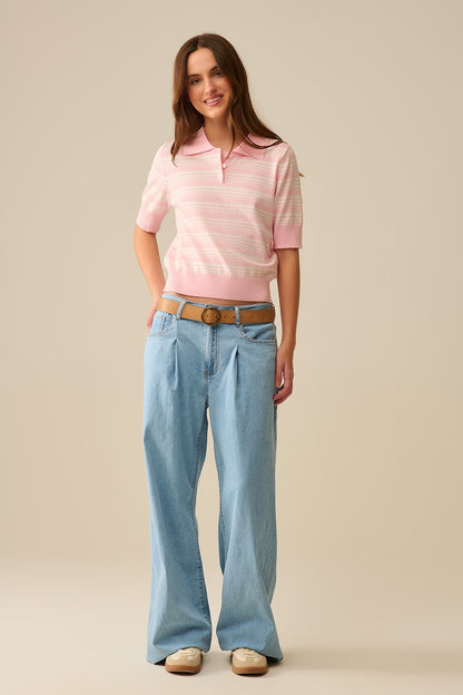 Pink and White Striped Sweater With Polo Neck