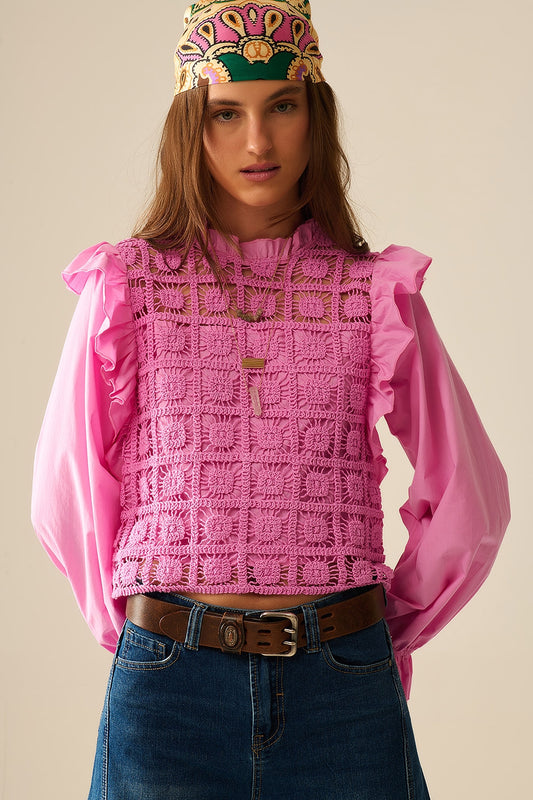 Q2 Pink Crochet Top with Ruffle Trim and long sleeves