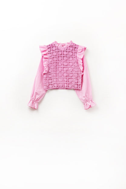 Pink Crochet Top with Ruffle Trim and long sleeves
