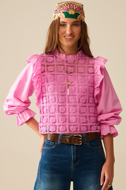 Pink Crochet Top with Ruffle Trim and long sleeves