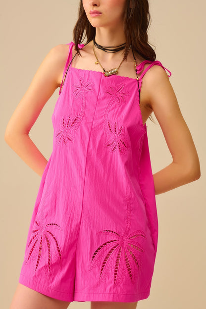 Pink Embroidered Palm Tree Jumpsuit
