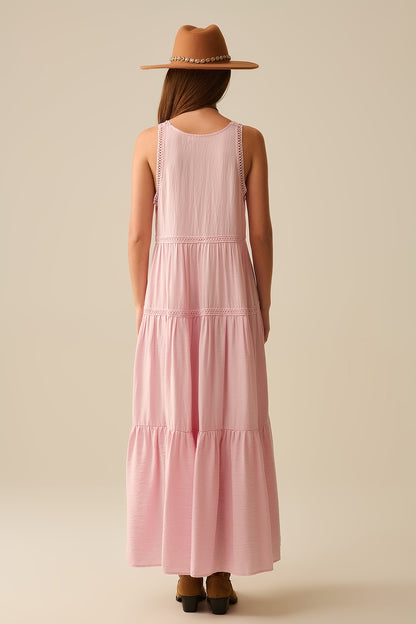 Pink Maxi Dress With Lace Details and boho style