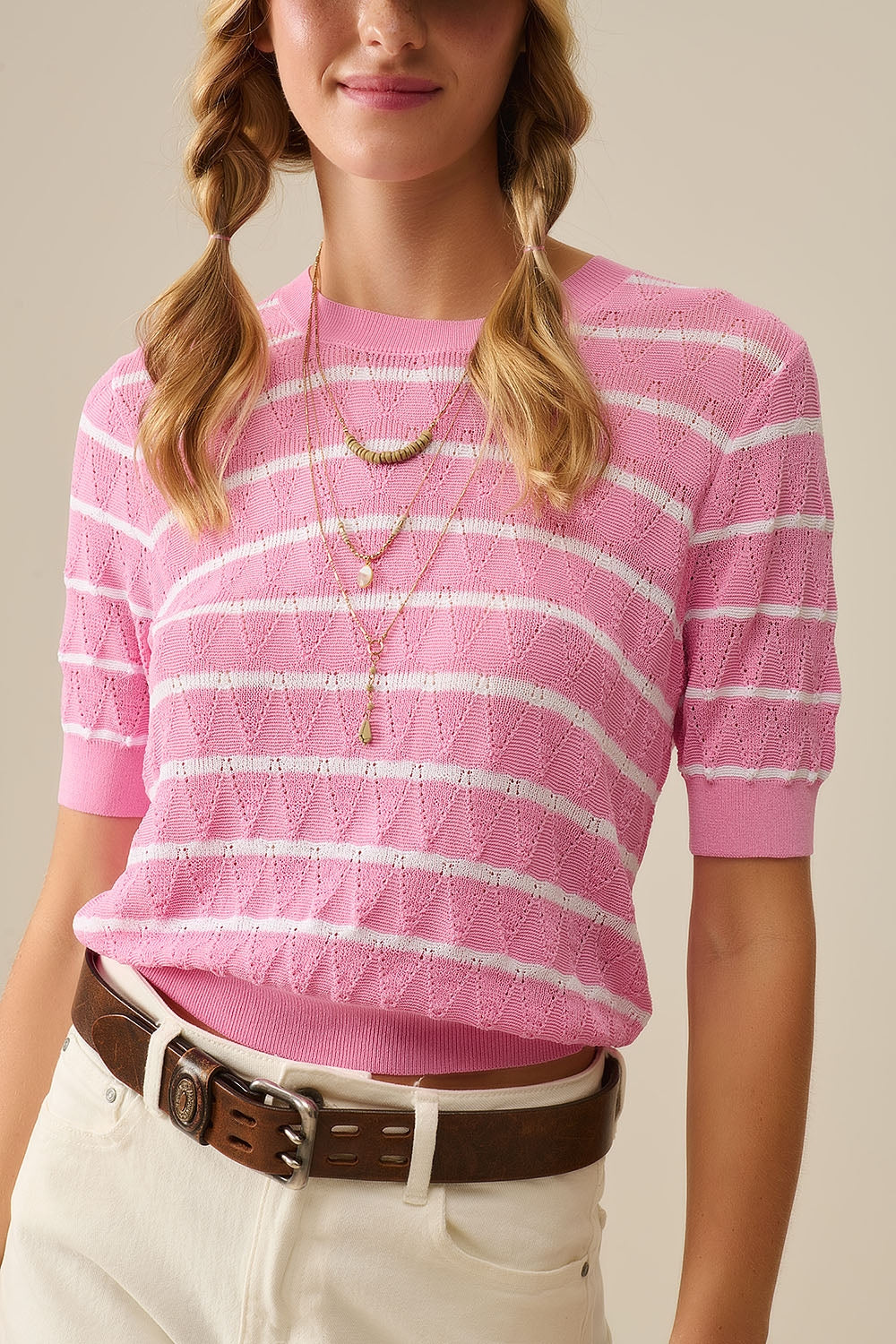 Pink Openwork Knit Top with Short Sleeves and White Stripes